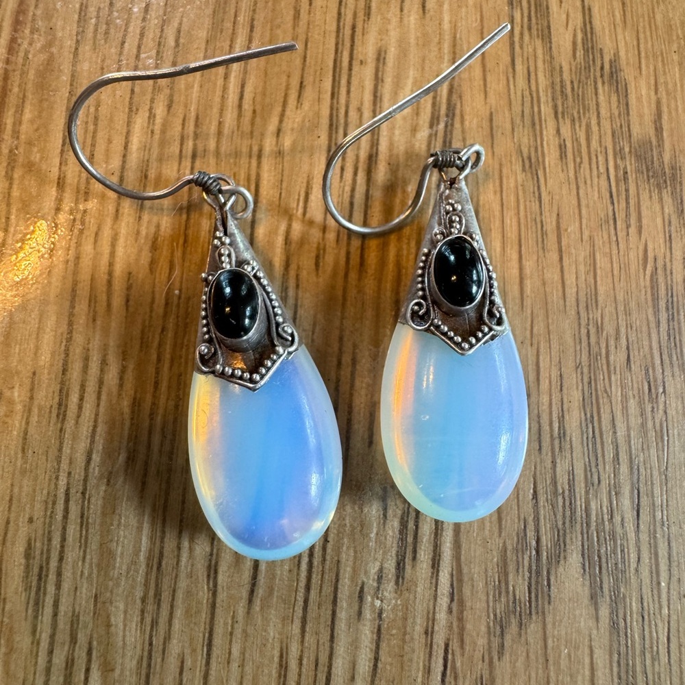 Vintage Sterling Silver Opalite Glass And Onyx Dangle Teardrop Earrings